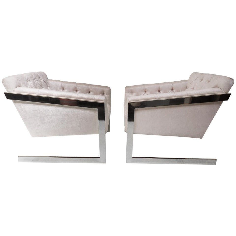 Pair of Tufted, Brass Framed Cantilevered Lounge Chairs