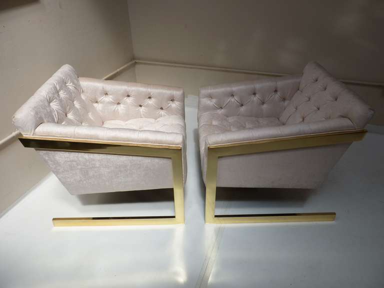 American Pair of Tufted, Brass Framed Cantilevered Lounge Chairs