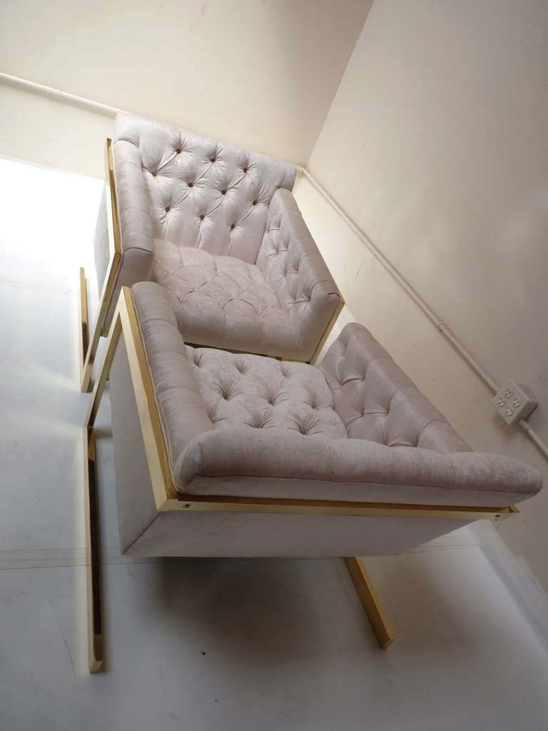 Late 20th Century Pair of Tufted, Brass Framed Cantilevered Lounge Chairs