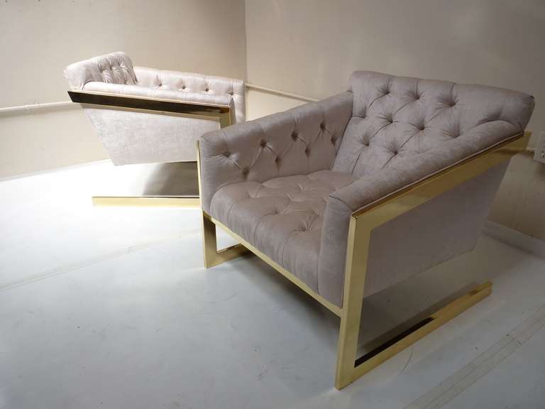 Pair of Tufted, Brass Framed Cantilevered Lounge Chairs 1