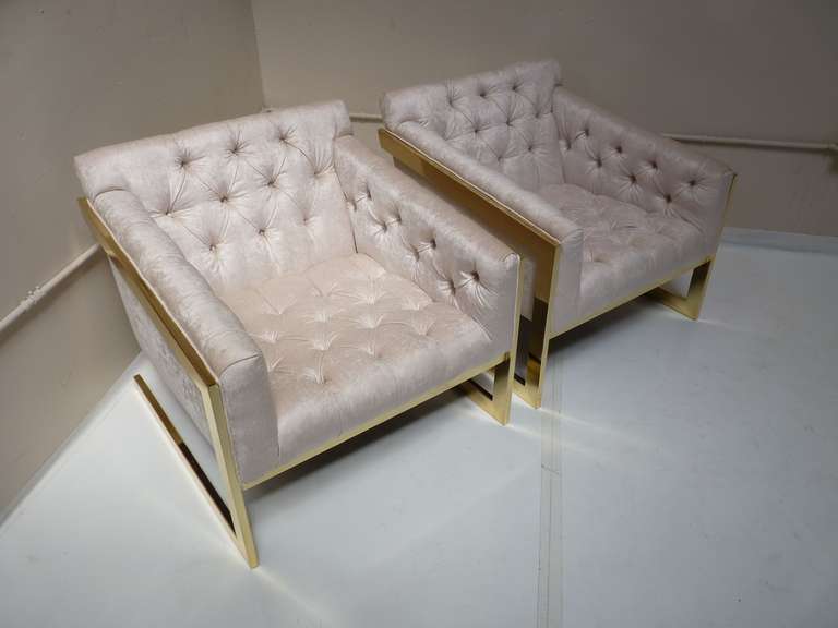 Pair of Tufted, Brass Framed Cantilevered Lounge Chairs 5