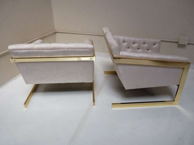 Pair of Tufted, Brass Framed Cantilevered Lounge Chairs 2