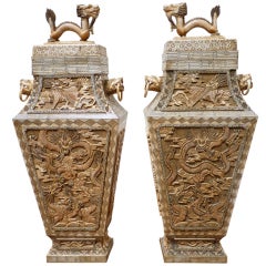 Monumental Pair of Chinese Republic Carved & Tessellated Urns
