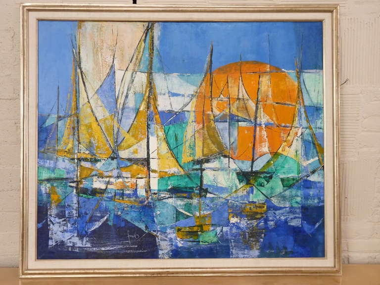 Large framed abstract painting by Edith Ferullo. A stunning and vibrant piece, signed by the artist. Artist's seal is placed on back of painting, as seen in image 7.