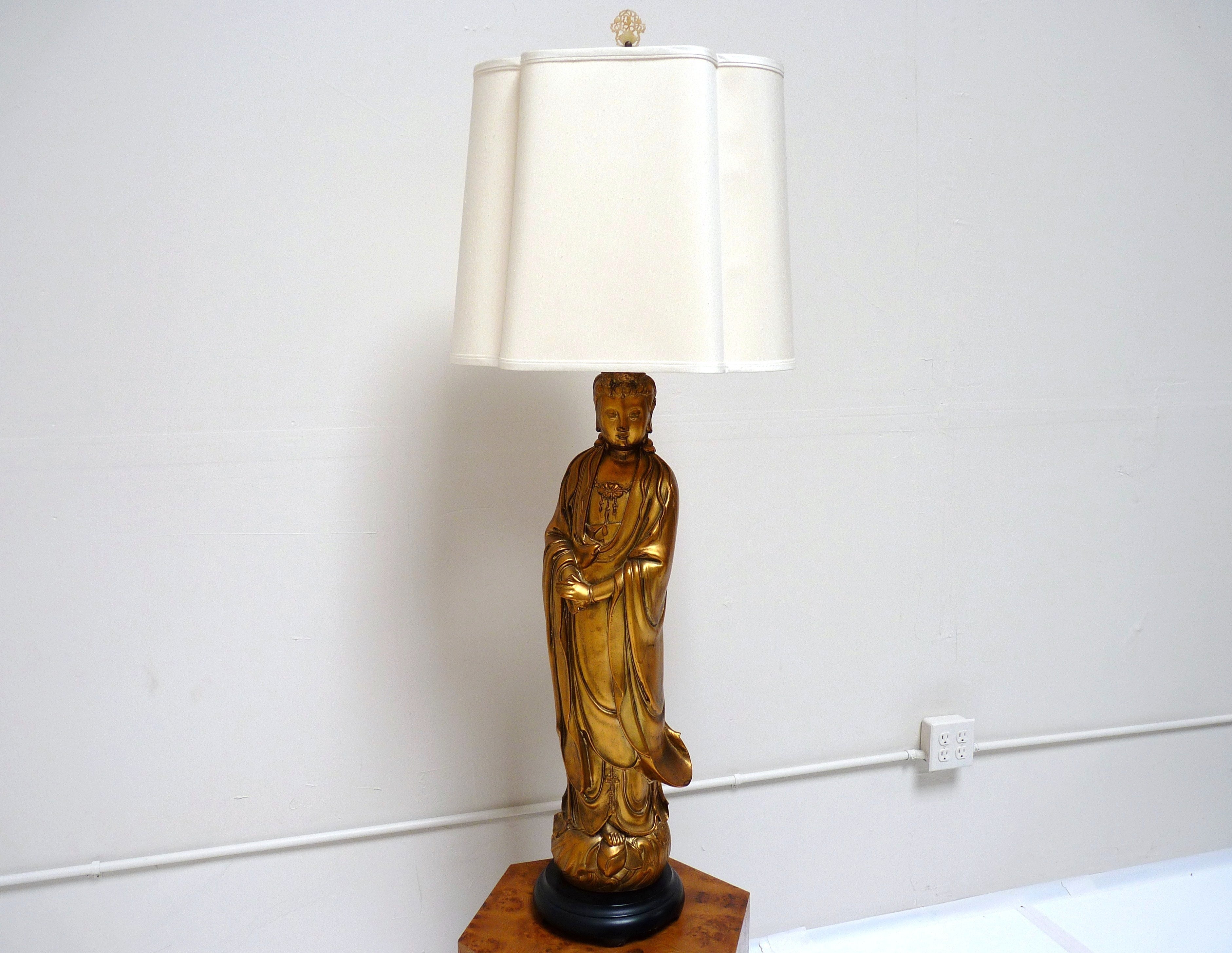 Monumental Gold Gilt Kwan Yin Lamp