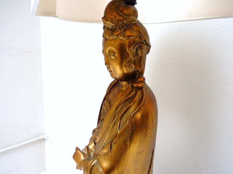 American Monumental Gold Gilt Kwan Yin Lamp