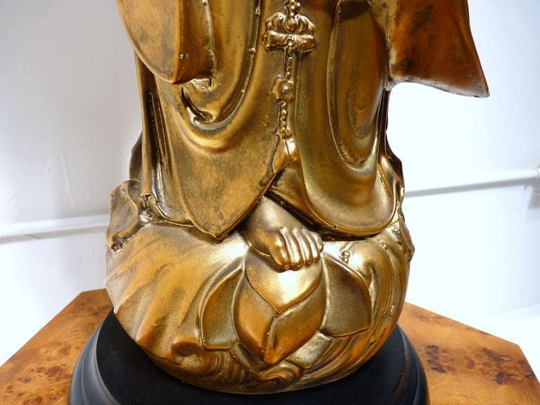 Mid-20th Century Monumental Gold Gilt Kwan Yin Lamp