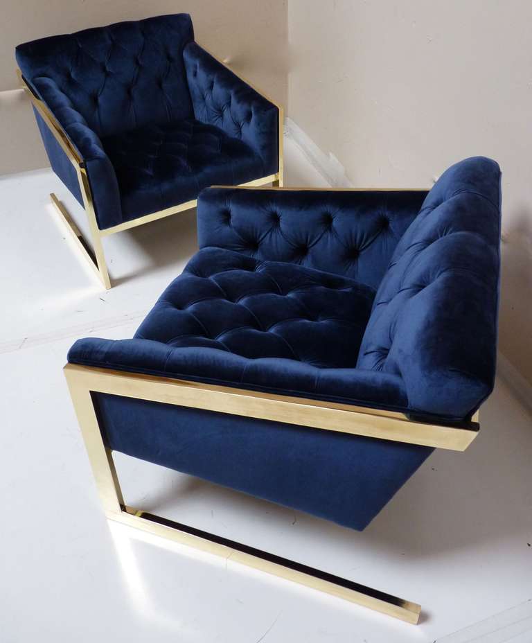Pair of Brass & Velvet Tufted Lounge Chairs after Milo Baughman