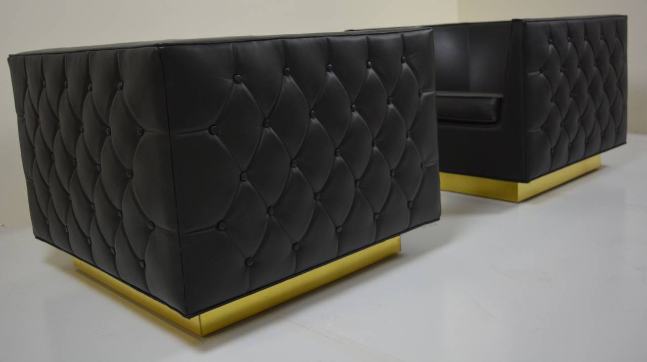 Tufted Cube Chairs by Brandon Vega, 2015. This pair is fitted with a brushed brass, plinth base. Available in swivel base as well. Can be made in COM at a discount. Please inquire about multiple pairs- lead time 2 to 3 weeks.