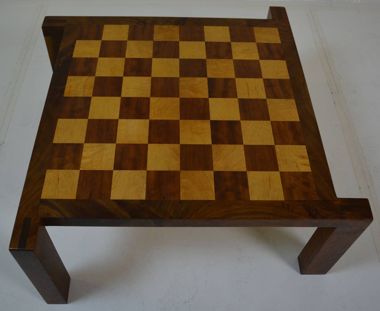 California Craft cocktail table and chess, checker board, circa 1970s. Quality craftsmanship of solid wood. Actual game table playing surface measures 27