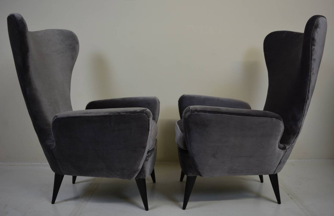 Stunning Pair of Italian Chairs after Gio Ponti, C.1950's reupholstered in a grey velvet. Matching sofa is available as well.