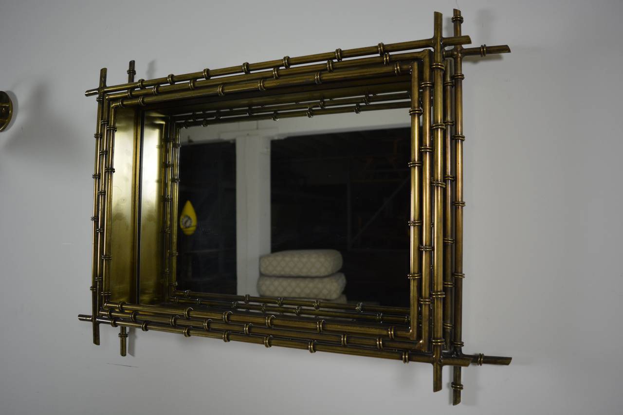 American Faux Bamboo Shadowbox Mirror in Brass by C. Jere For Sale