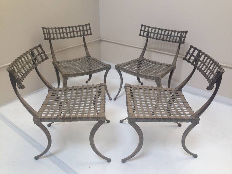 Set of 4 Klismos Chairs in Aluminum by Thinline. Heavy patina present, but can be powder-coated color of your choice (included in price). Sold individually.