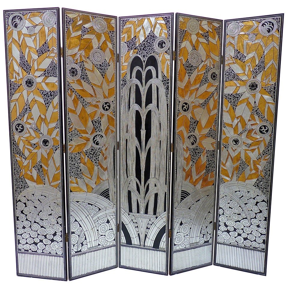 Monumental Art Deco Revival Five Panel Screen After Edgar Brandt