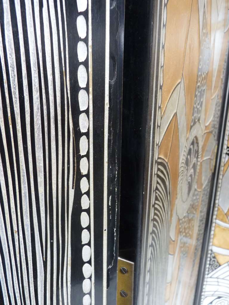 Lacquered Monumental Art Deco Revival Five Panel Screen After Edgar Brandt