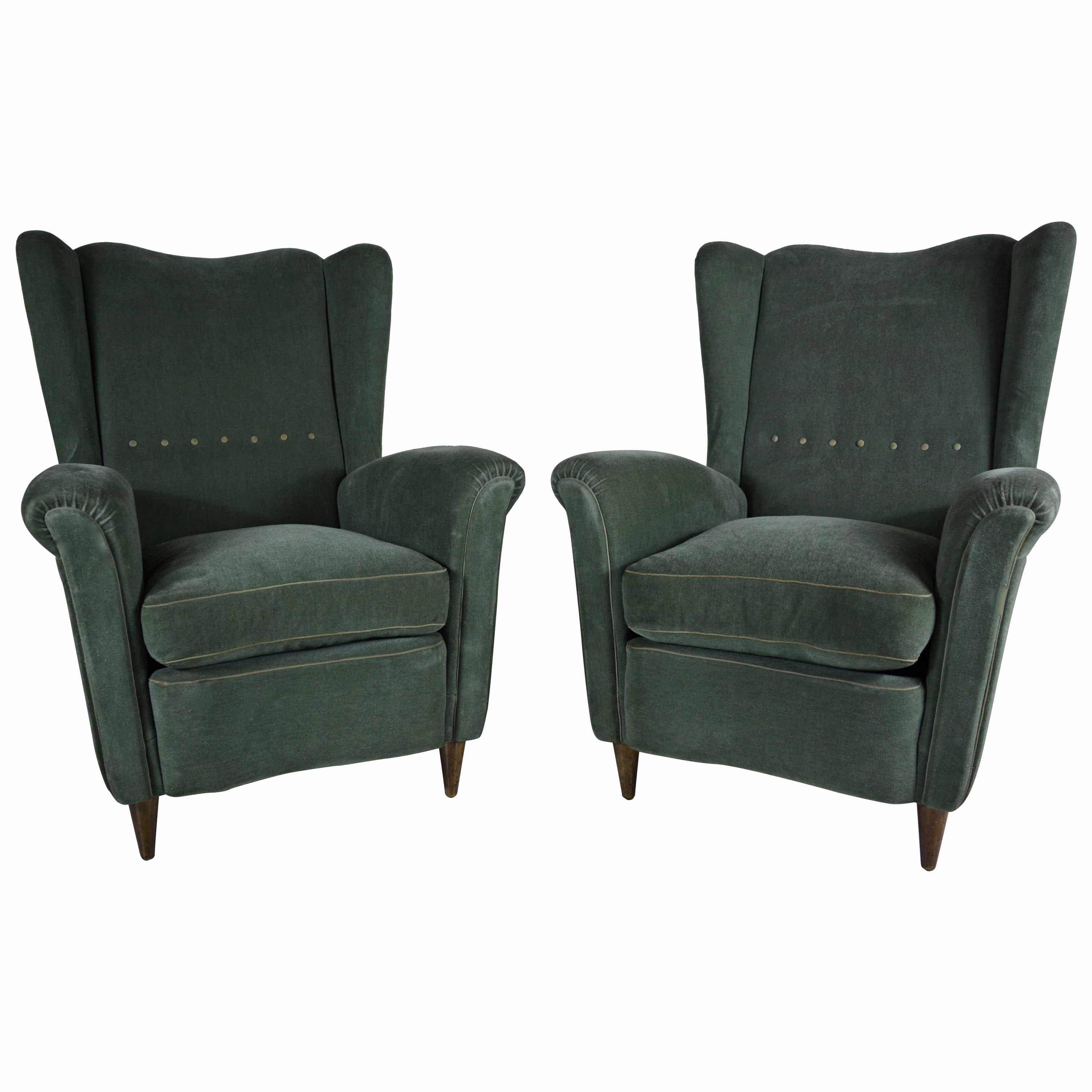 Pair of Italian Wingback Lounge Chairs in Original Olive Mohair, circa 1940s