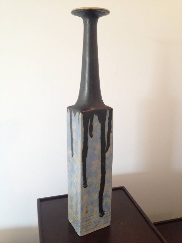 Very Large Vase by Bruno Gambone with drip glaze on tri-color body, circa 1960s Italy. Signed to bottom as shown.