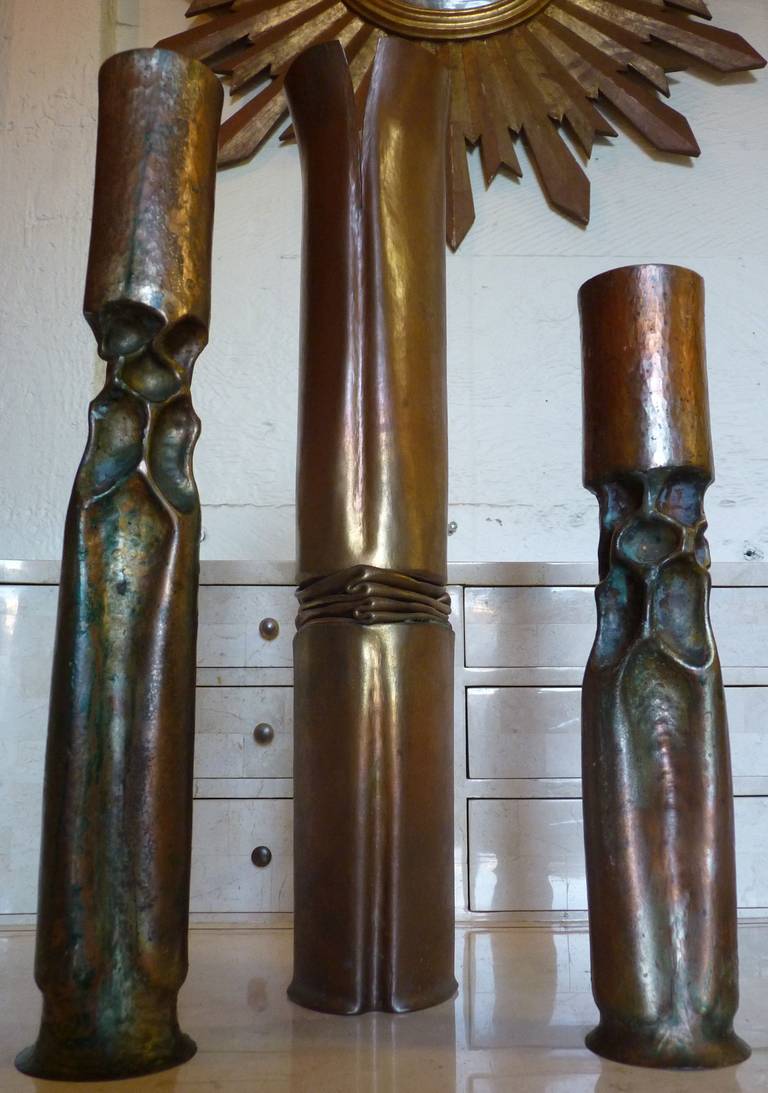 Tortured Candlesticks by Thomas Roy Markusen, set of 3 circa 1970's.
Large measures 18.75