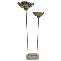 French Dual Torchiere in Brass with Travertine Base Circa 1960's