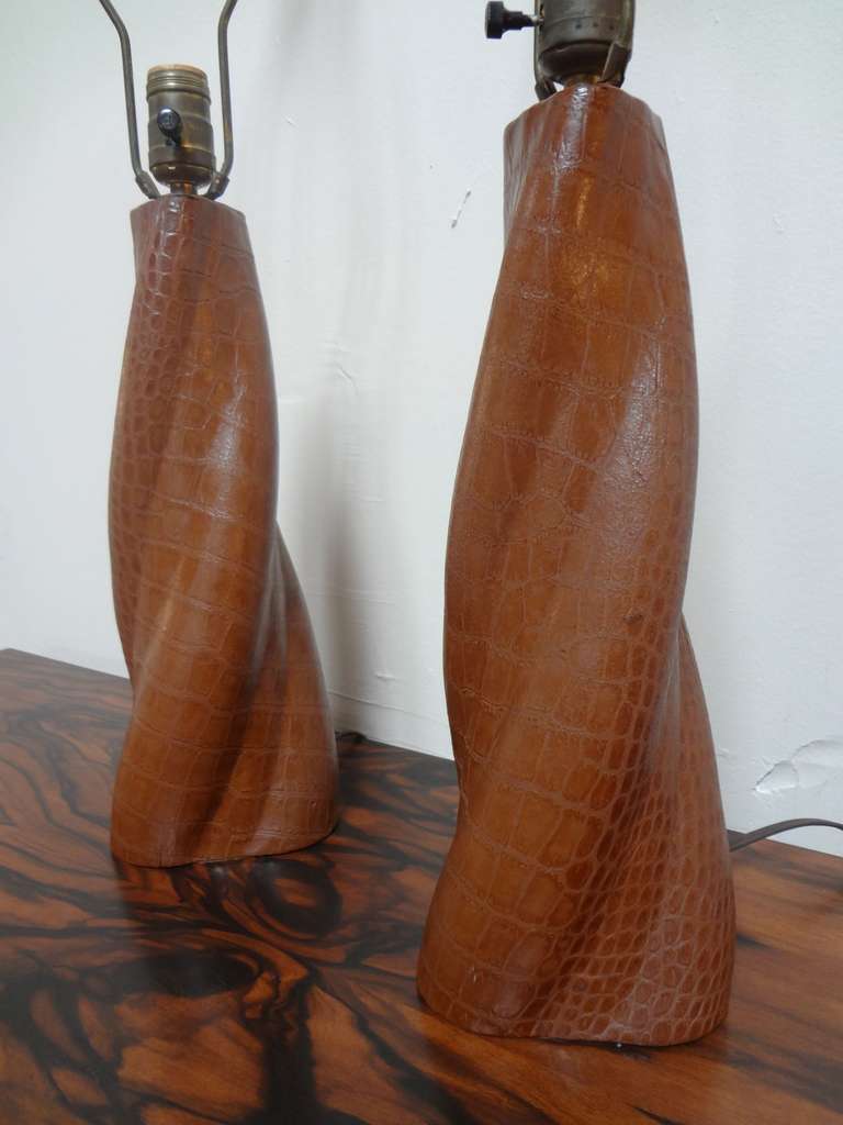Pair of Crocodile Embossed Leather Lamps after Paul Dupre-Lafon In Good Condition In San Diego, CA
