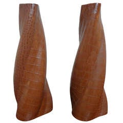 Pair of Crocodile Embossed Leather Lamps after Paul Dupre-Lafon