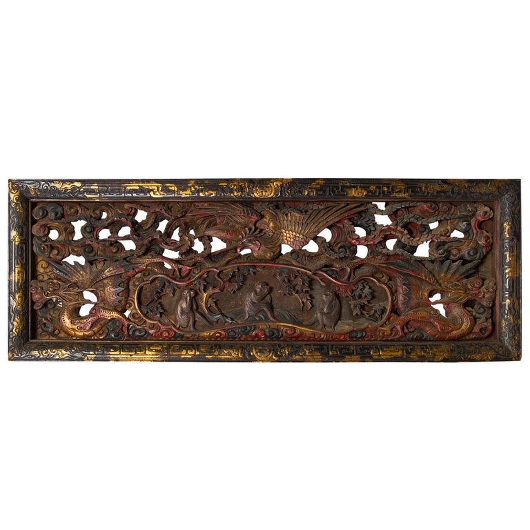 Unusual Deeply Carved and Painted Japanese Wood Panel at 1stDibs