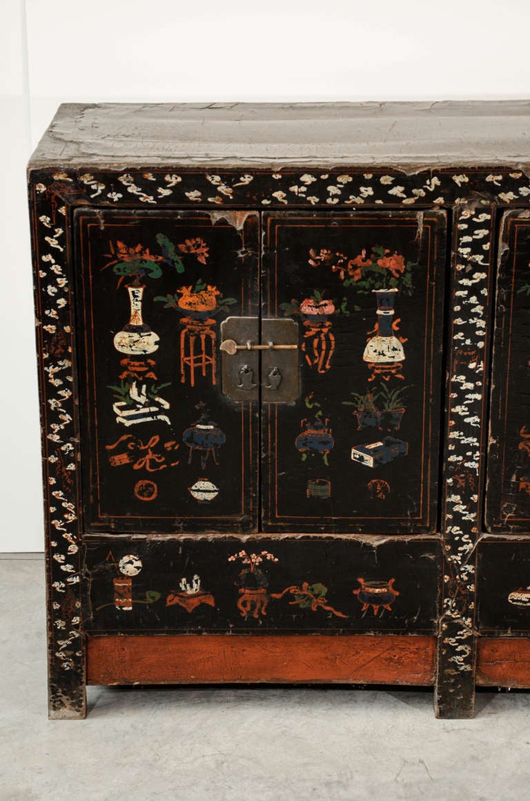 Elm Early 19th Century Chinese Painted Double Cabinet For Sale