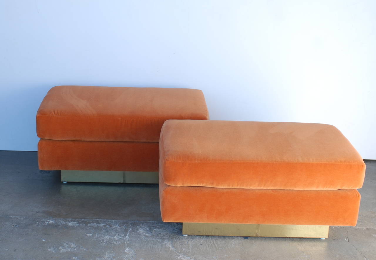 Pair of Orange and Brass Ottomans In Excellent Condition In Palm Springs, CA