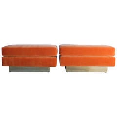 Pair of Orange and Brass Ottomans