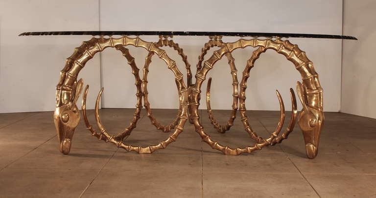 American Spectacular Rare Three Ibex Ram Gazelle Solid Brass Dining Table