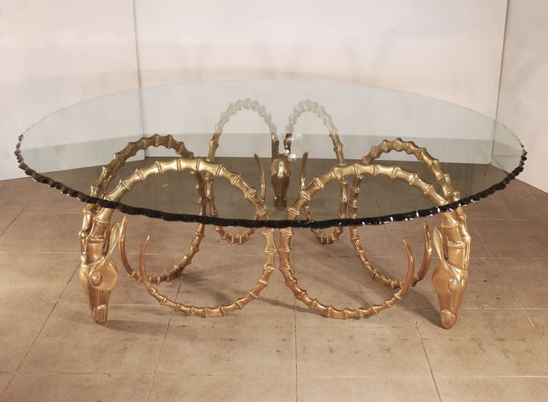 Late 20th Century Spectacular Rare Three Ibex Ram Gazelle Solid Brass Dining Table