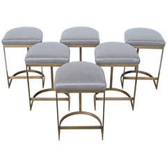 Milo Baughman Burnished Brass Bar Stools in Grey Leather
