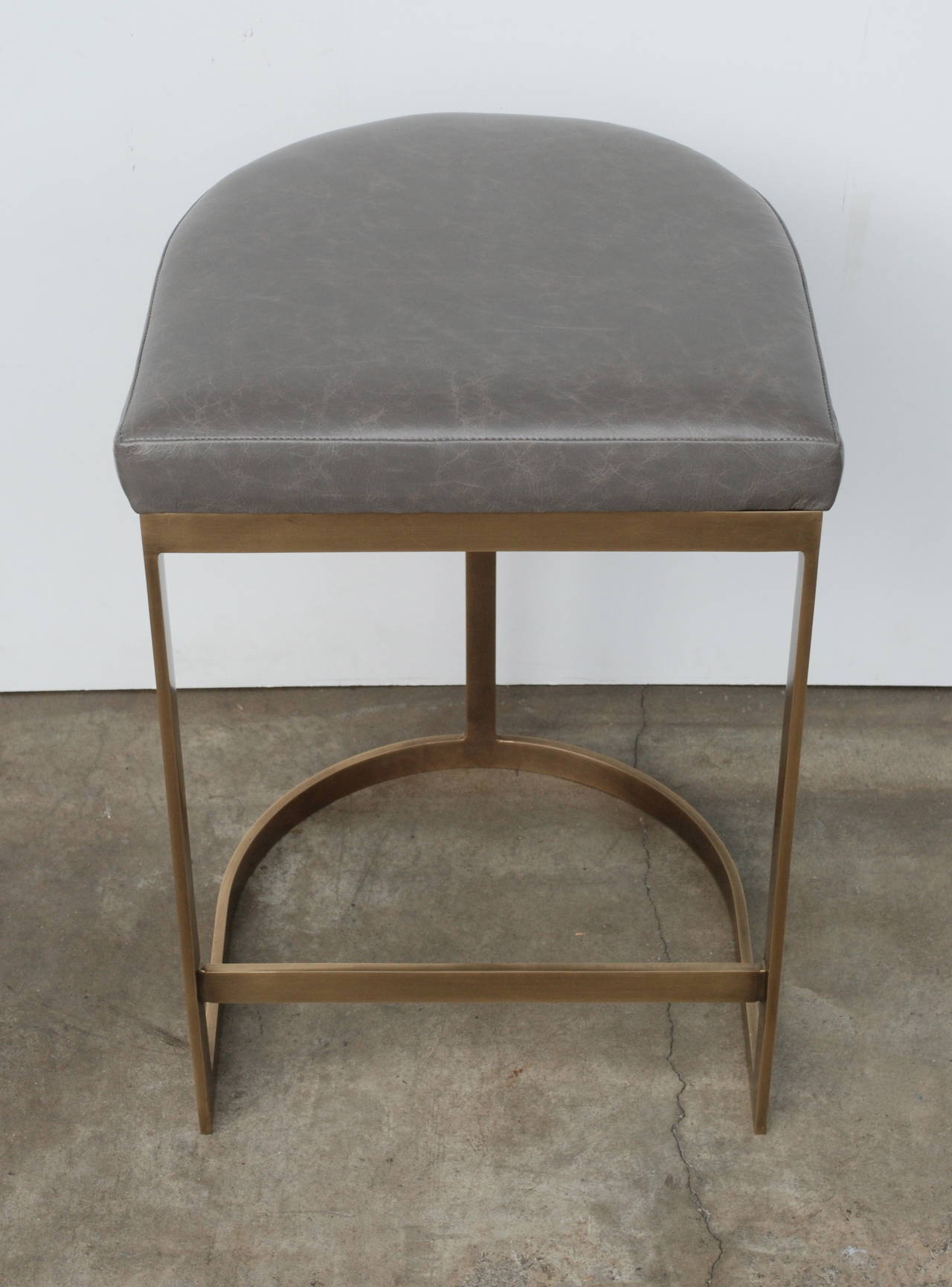American Milo Baughman Burnished Brass Bar Stools in Grey Leather