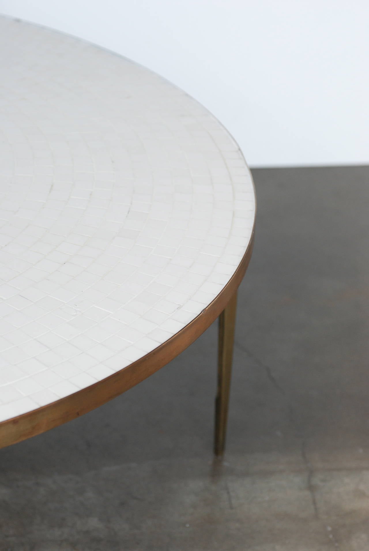 Mid-Century Modern Round Brass and White Mosaic Coffee Table