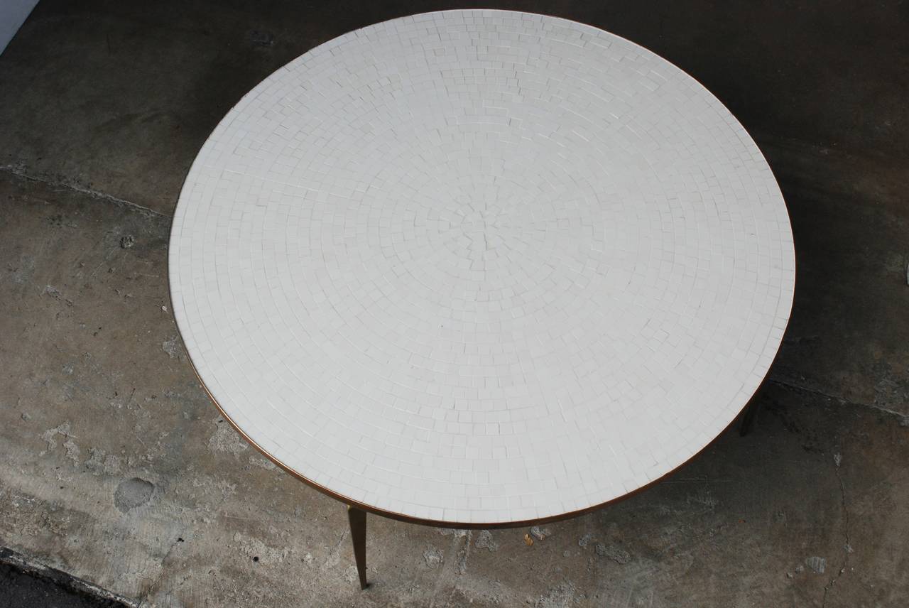 20th Century Round Brass and White Mosaic Coffee Table