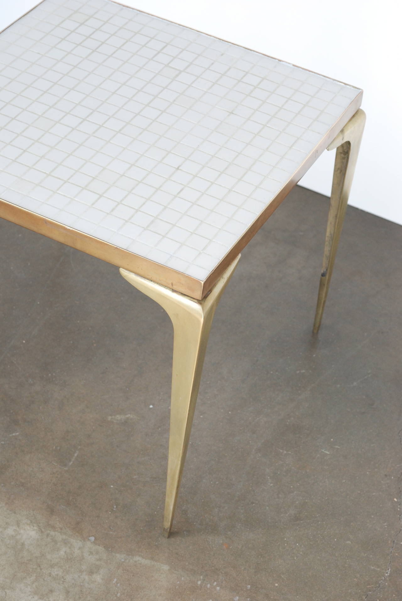 Mid-Century Modern Square White Mosaic and Brass Side Table