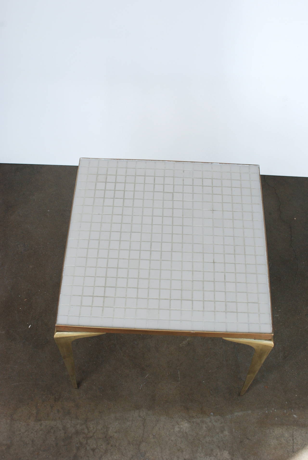 Square White Mosaic and Brass Side Table In Excellent Condition In Palm Springs, CA