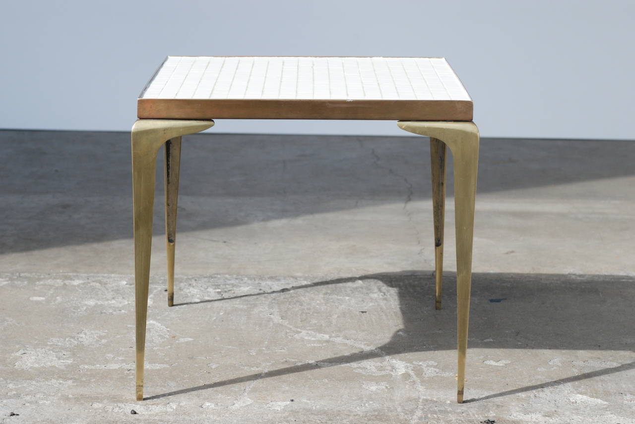 20th Century Square White Mosaic and Brass Side Table