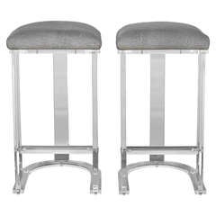 Pair of Lucite and Silver Grey Shagreen Leather Barstools