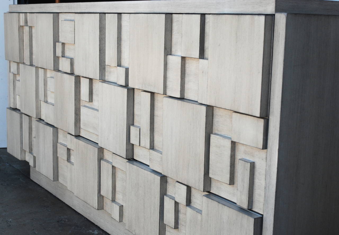 Brutalist Cubist Style Dresser by Lane in Driftwood Finish 1