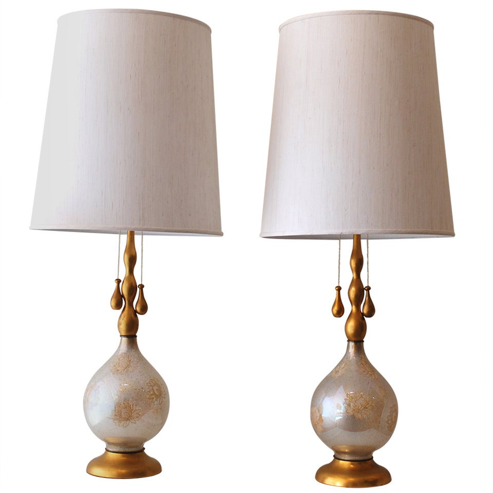 Monumental Pair of White and Gold Glass Table Lamps