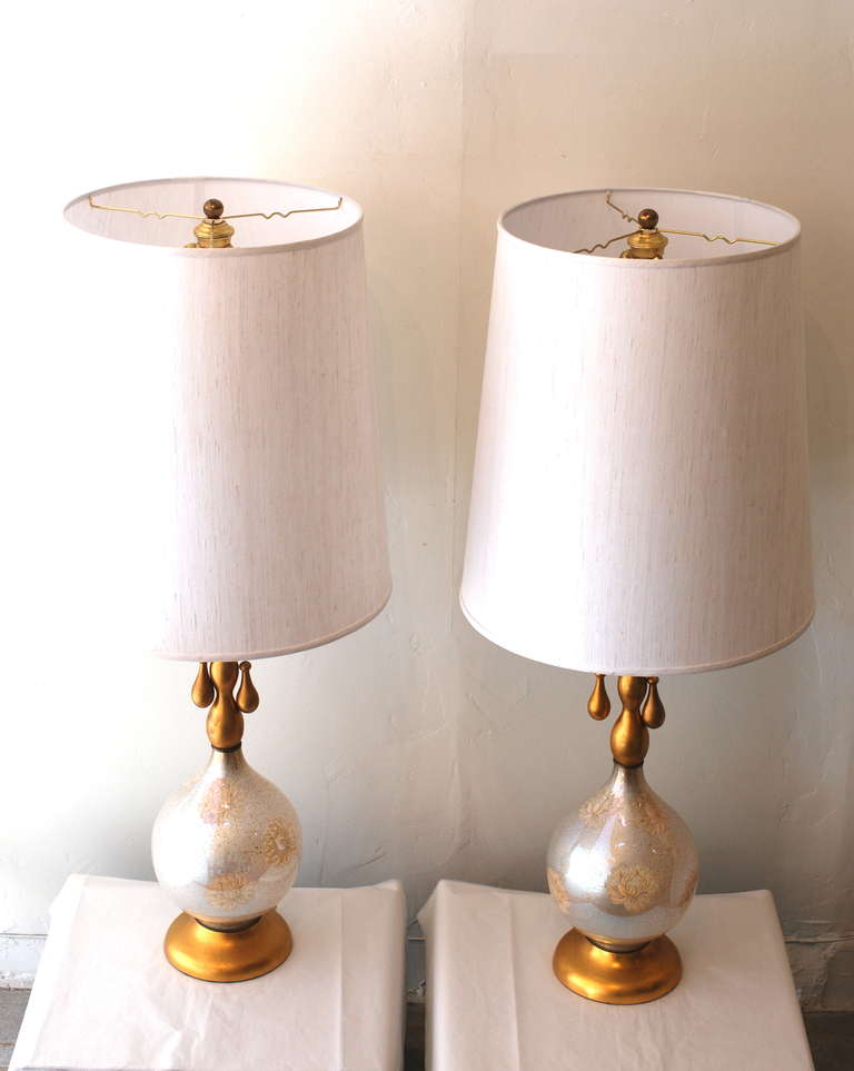 Mid-Century Modern Monumental Pair of White and Gold Glass Table Lamps