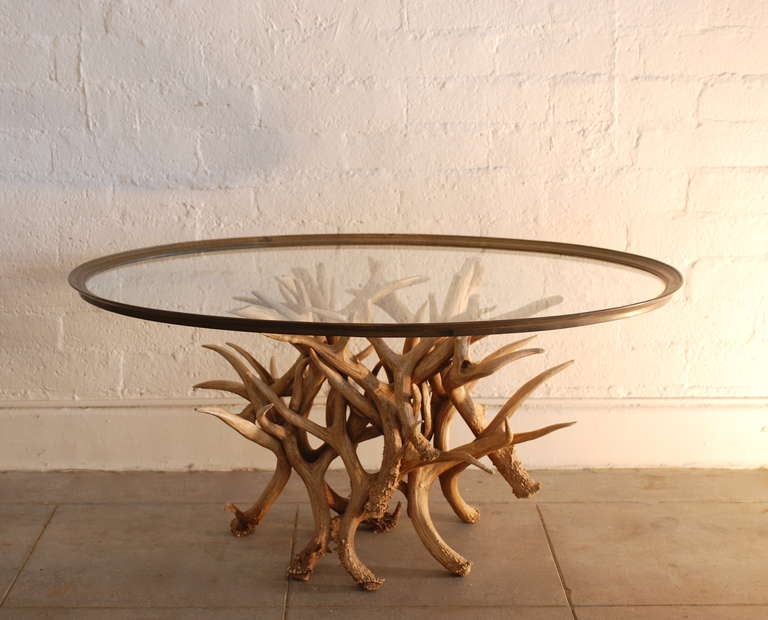 American Antler Coffee Table With Brass and Glass Top
