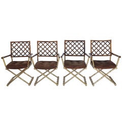 Set of Four Faux Bamboo Brass and Rattan Directors Chairs 