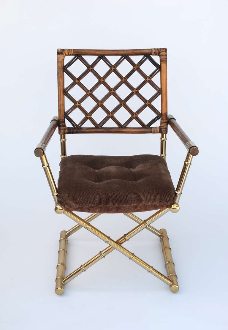 Plated Set of Four Faux Bamboo Brass and Rattan Directors Chairs 