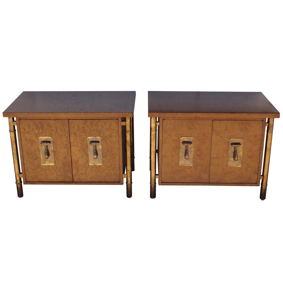 Pair of Mastercraft Burl Wood and Brass Bedside Tables Nightstands End tables