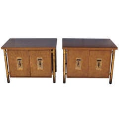 Pair of Mastercraft Burl Wood and Brass Bedside Tables Nightstands End tables 