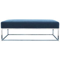 Blue Grey Mohair Chrome Ottoman or Bench