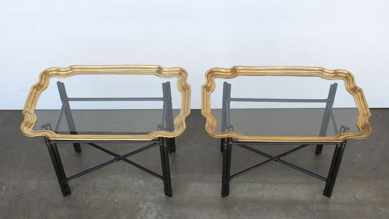 Hollywood Regency Pair of Brass and Glass Tables