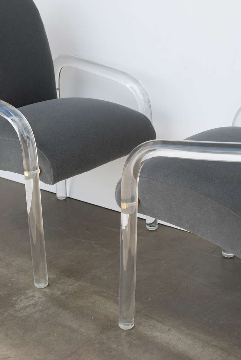 Mid-Century Modern Set of Four 1970s Lucite and Grey Mohair Dining Chairs with Brass caps